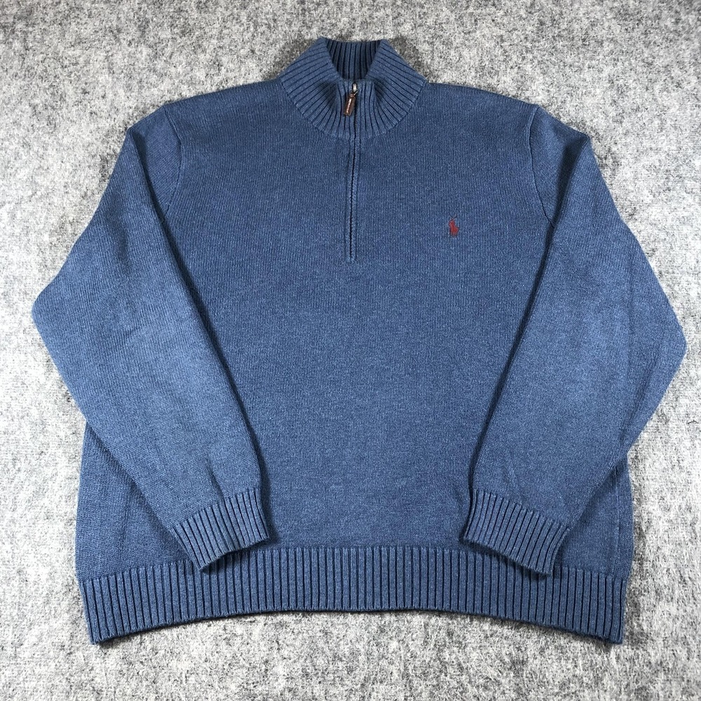 Vintage Polo Ralph Lauren 1/4 Zip Sweater Mens 2XL Blue Mock Neck Cotton‎